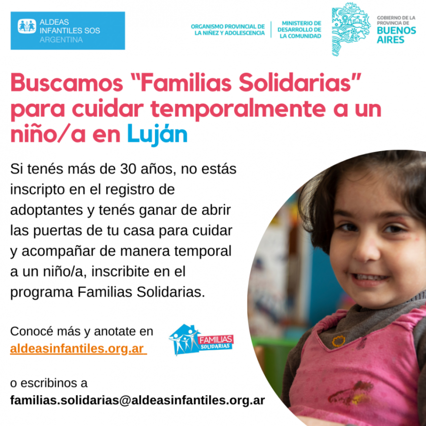 Convocatoria abierta para cuidar temporalmente a niños/as en Luján